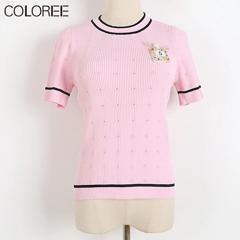 Summer Clothes for Women 2022 Casual O-neck Short Sleeve Knitted T Shirt Femme Runway Designers Tops Mujer 
Summer Clothes for Women 2022 Casual O-neck Short Sleeve Knitted T Shirt Femme Runway Designers Tops Mujer