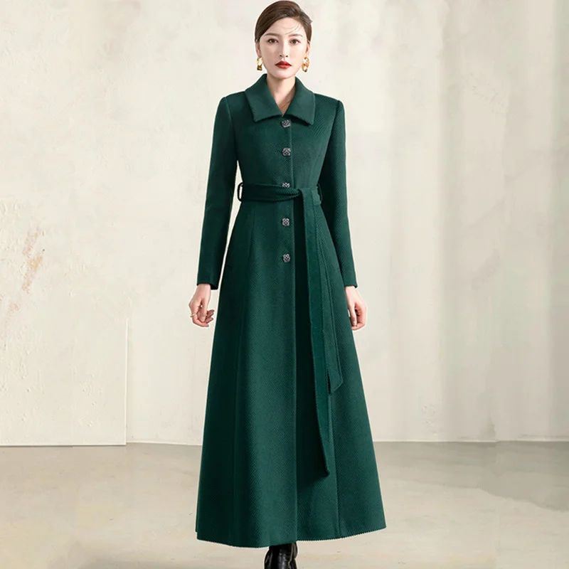 

Overcoat Women X-Long Woolen Autumn Winter Fashion Elegant Thicken Turndown Collar Lacing Sashes Wool Blends Coat Slim Outerwear