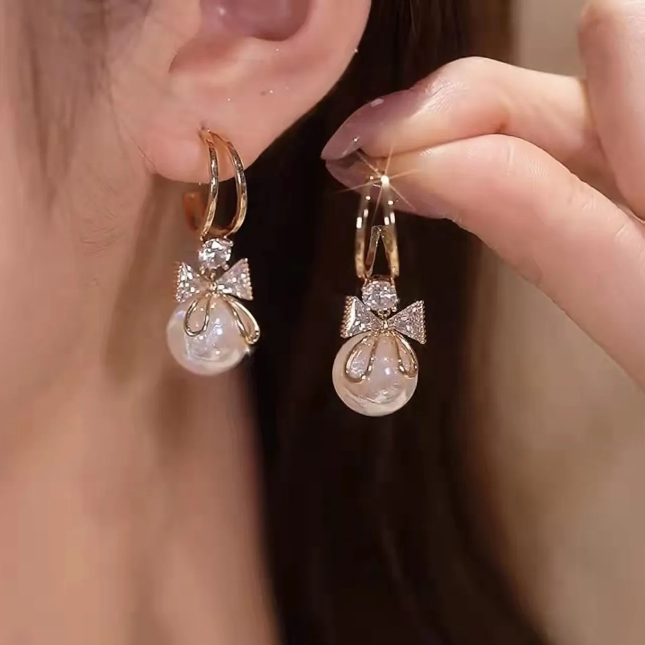 

Korean Style Sweet Bowknot Pearl Earrings For Women Shiny Zircon Crystal Waterdrop Earrings Bridal Wedding Party Jewelry Gift