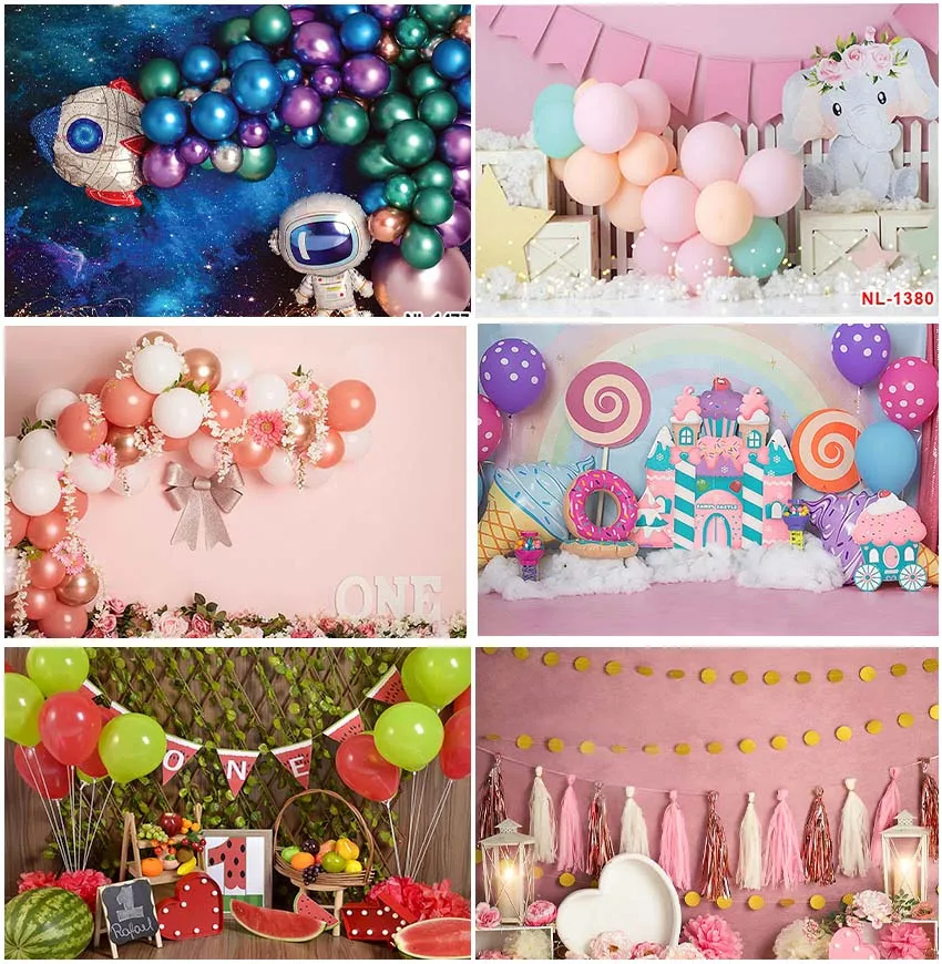 

Фон для фотосъемки с изображением празднования первого дня рождения воздушные шары цветы конфеты замок звезды фрукты ребенок портрет пользовательские фоны для фотосъемки