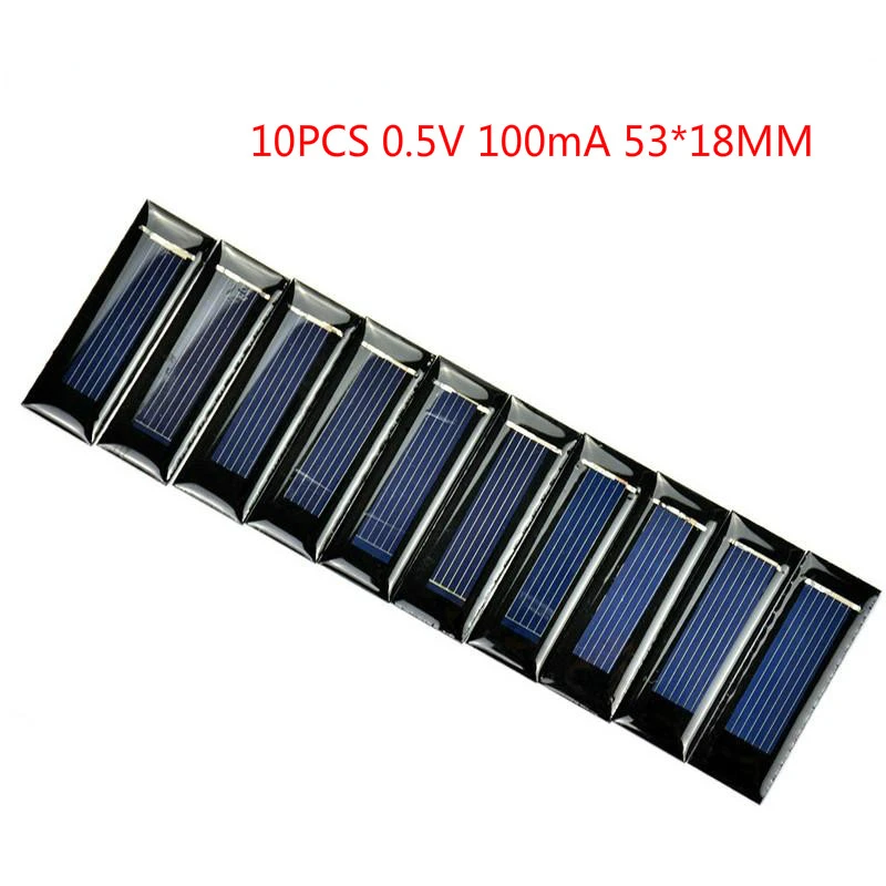 10PCS 0.5V 100mA 53*18MM Solar Panel Epoxy Polycrystalline DIY Battery Power Charger Mini Solar Cell Hot Sale
10PCS 0.5V 100mA 53*18MM Solar Panel Epoxy Polycrystalline DIY Battery Power Charger Mini Solar Cell Hot Sale