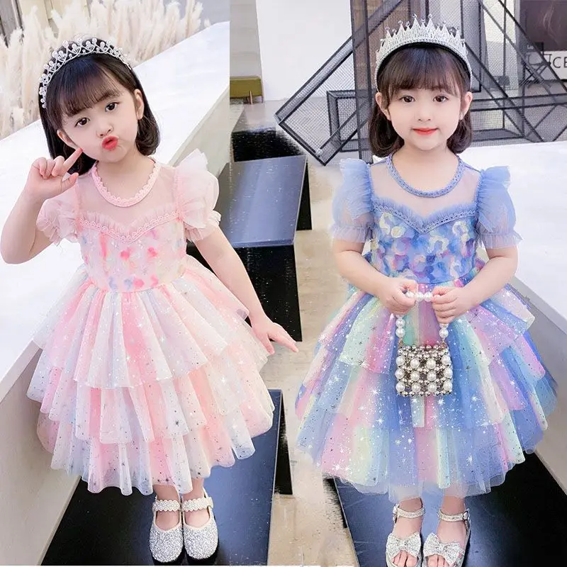 

Summer New 2023 Girls Splicing Sequined Round Neck Diamond Ornament Short Sleeve Lace Poached Gauze Kids Sweet Party Dress