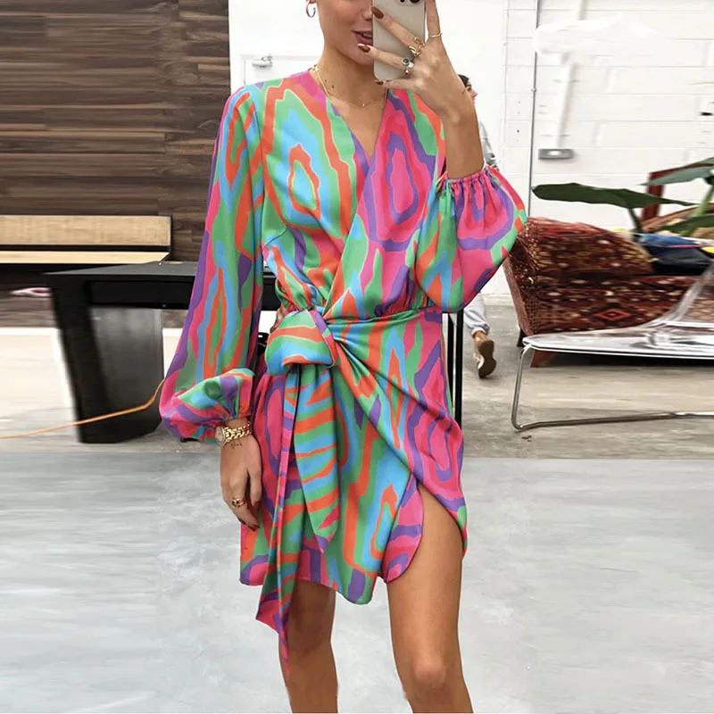 Women's Dress Summer Autumn Loose Print Bandage Irregular Mini Dress Women's Fashion Lantern Sleeve V-neck Striped Dress
Women's Dress Summer Autumn Loose Print Bandage Irregular Mini Dress Women's Fashion Lantern Sleeve V-neck Striped Dress