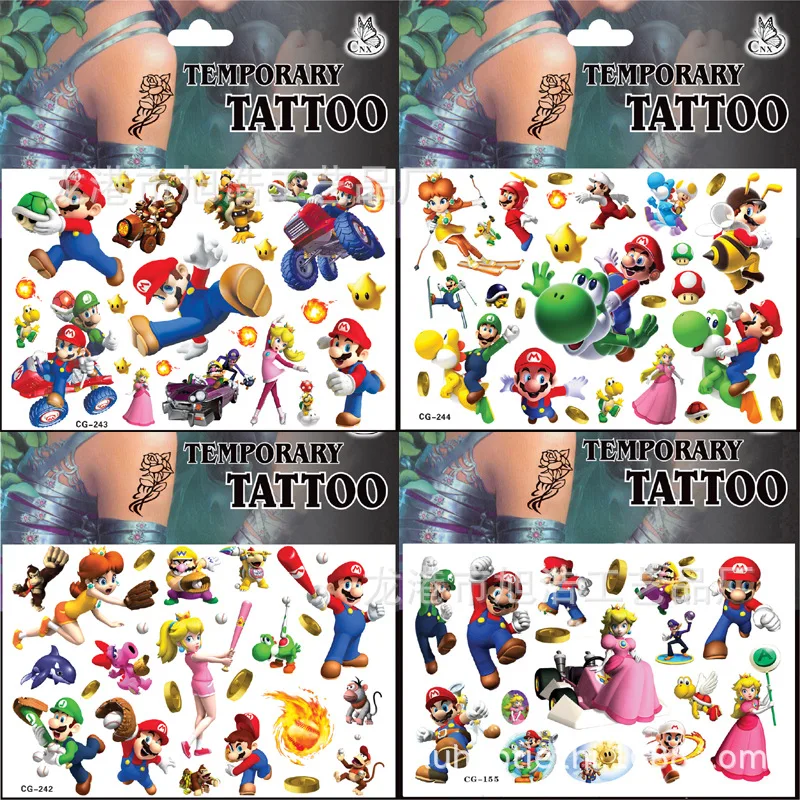 

Super Mario Bros Cartoon Tattoo Stickers Luigi Yoshi Bowser Anime Peripherals Children Fashion Stickers Toys Partys Interactive