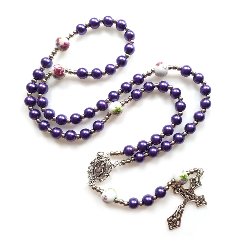 

QIGO Catholic Rosary Glass Pearl Strand Necklace Vintage Jesus Cross Pendant Virgin Mary Religious Jewelry For Men Women