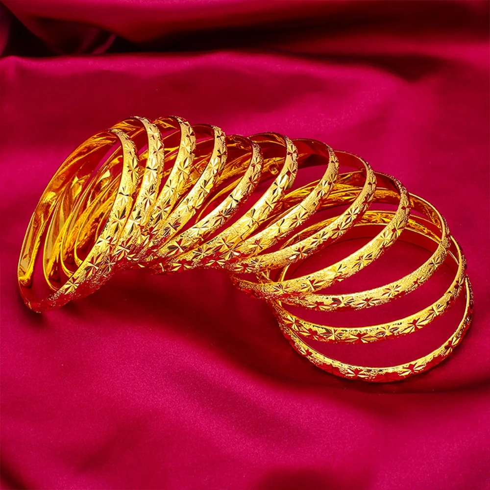 6pcs Wholesale Women Bangle Bracelet Openable 6mm Real 18k Gold Color Fashion Lady Girls Classic Carved Bangle Jewelry Gift Dia 
6pcs Wholesale Women Bangle Bracelet Openable 6mm Real 18k Gold Color Fashion Lady Girls Classic Carved Bangle Jewelry Gift Dia