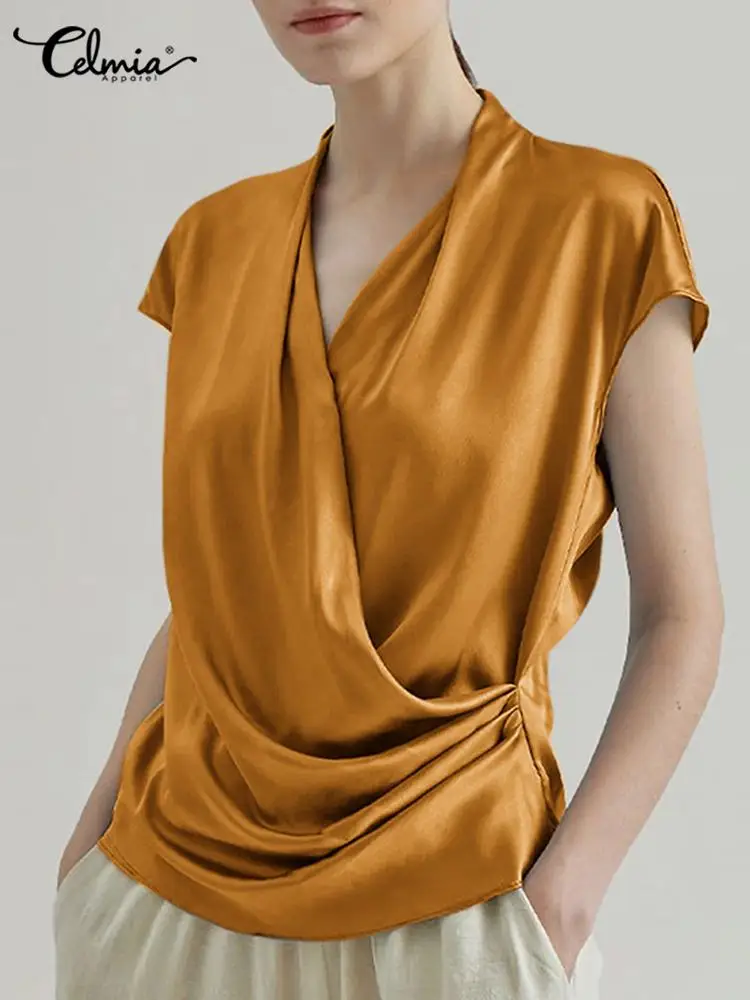 Celmia Elegant Ladies Women Tunic Tops Short Sleeve Fashion Blusas Wrap V Neck Stacked Pleats Blouses Satin 2022 Summer Shirts
Celmia Elegant Ladies Women Tunic Tops Short Sleeve Fashion Blusas Wrap V Neck Stacked Pleats Blouses Satin 2022 Summer Shirts