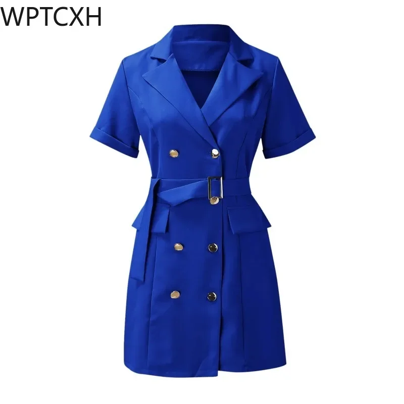 Mini Dress Vestidos Largos Short Sleeve Suit Dress V Neck Slim Dress With Pockets Buttons Solid Color Formal Occasion Dresses
Mini Dress Vestidos Largos Short Sleeve Suit Dress V Neck Slim Dress With Pockets Buttons Solid Color Formal Occasion Dresses