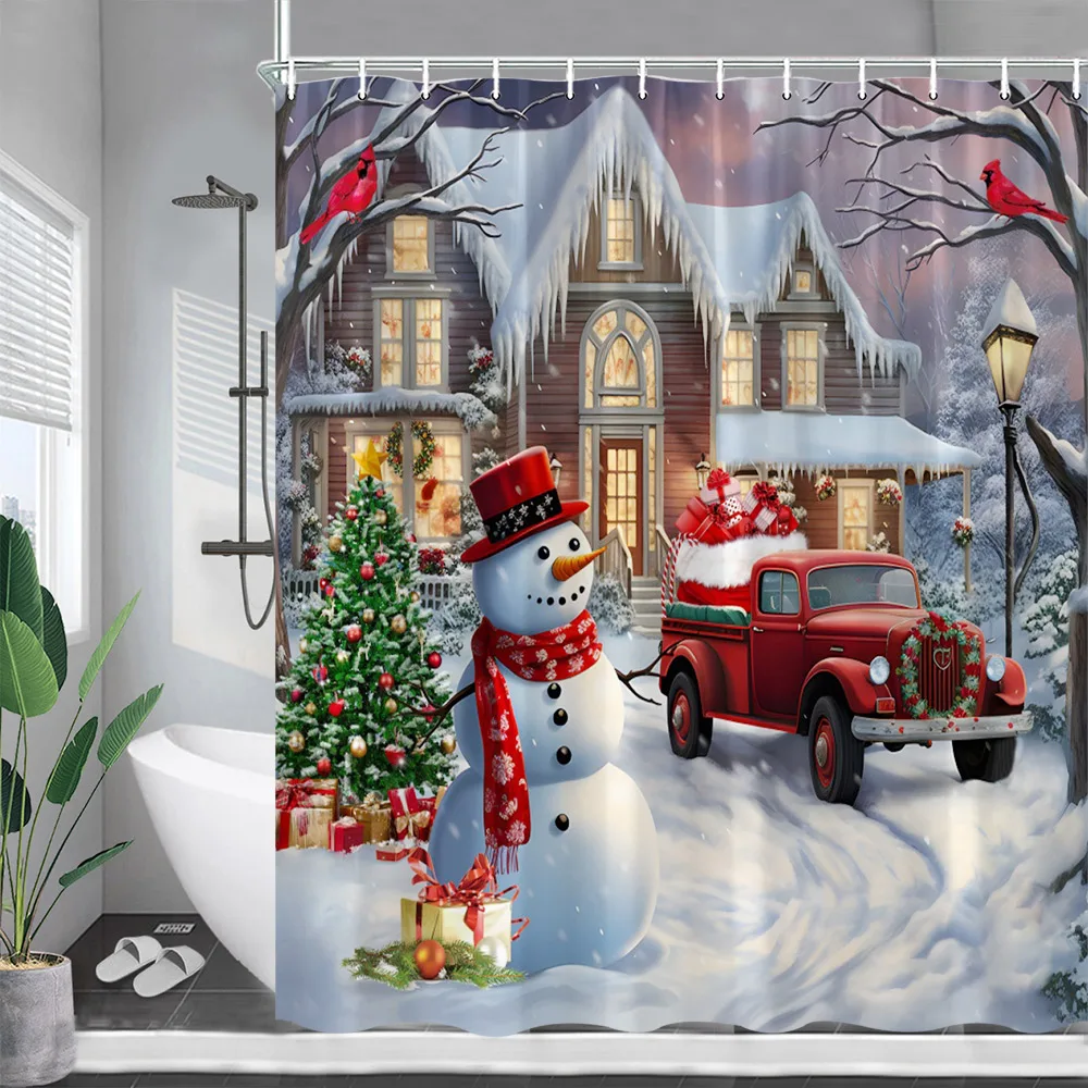

Зимняя Рождественская занавеска для душа, милый снеговик, рождественская елка, красный грузовик, подарок, лес, снежный дом, новогодний декор, занавески для ванной комнаты