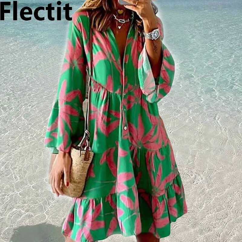 

Flectit Women Green and Pink Tropical Plant Dress Boho Chic Flared Sleeve Tiered Tunic Dress Summer Ladies Vacation Resort Wear