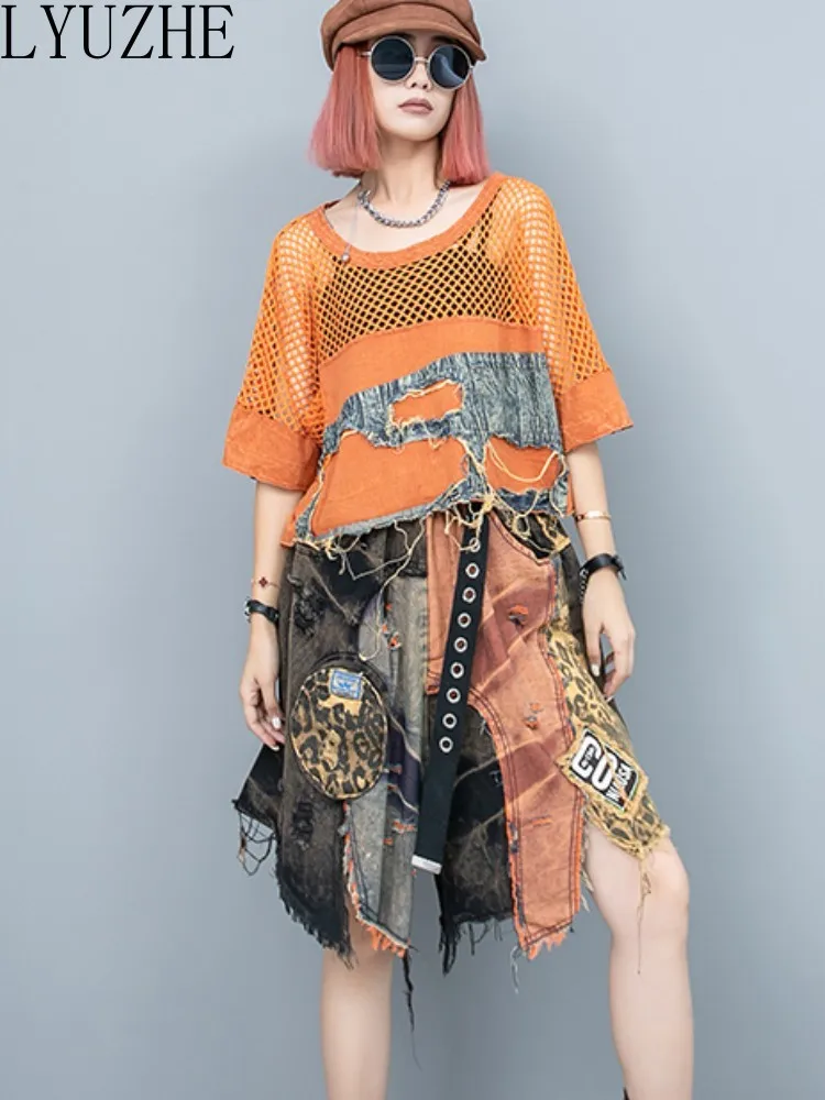 LYUZHE Personalized Cool Mesh Patchwork Short Sleeved T-shirt + Denim Wide Leg Shorts Two-piece Set Women 2023 Summer ZXF624A
LYUZHE Personalized Cool Mesh Patchwork Short Sleeved T-shirt + Denim Wide Leg Shorts Two-piece Set Women 2023 Summer ZXF624A