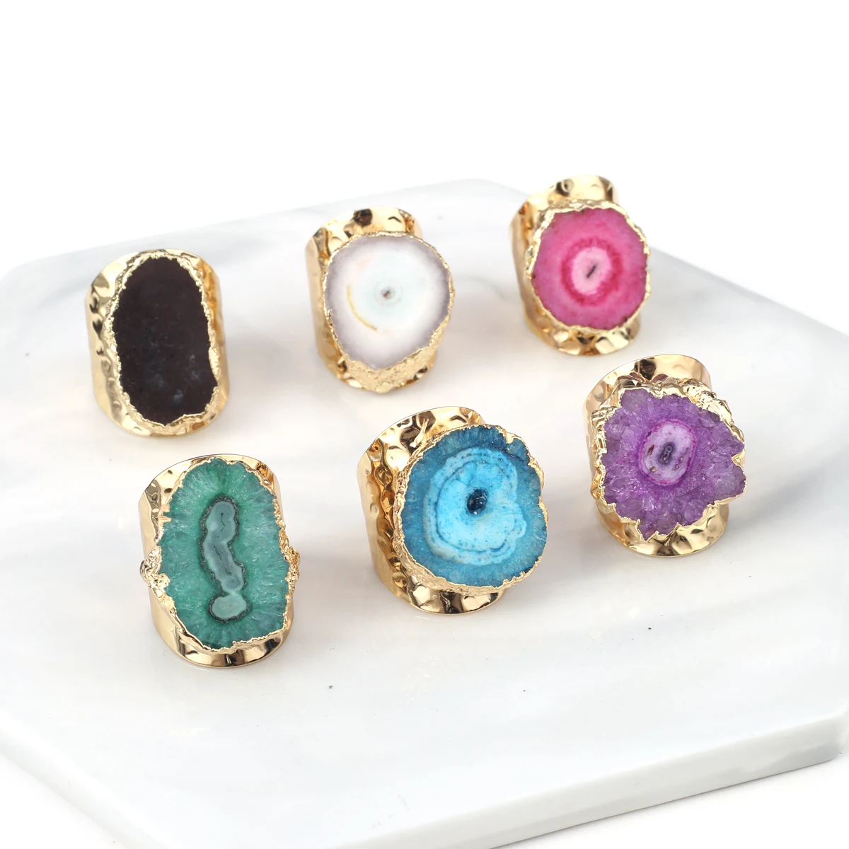 Fine Natural Stone Druzy Rings Gold plated Multicolored Agates Adjustable Finger Ring Jewelry for Women Party Gifts
Fine Natural Stone Druzy Rings Gold plated Multicolored Agates Adjustable Finger Ring Jewelry for Women Party Gifts