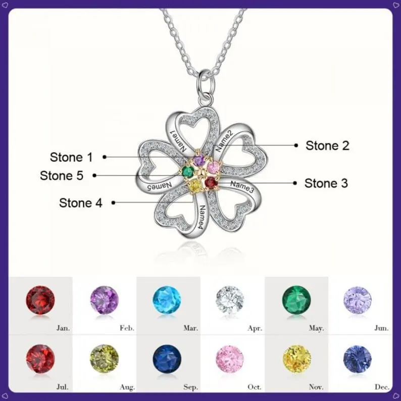 Fashion 12 Colors Birthday Stone Custom Name Love Shaped Flower Pendant Necklace for Mother's Day and Valentine's Day Gift
Fashion 12 Colors Birthday Stone Custom Name Love Shaped Flower Pendant Necklace for Mother's Day and Valentine's Day Gift