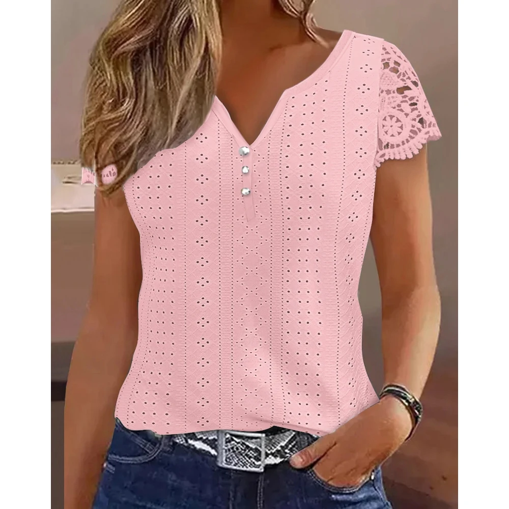 Spring Summer Eyelet Embroidery Lace Patch Buttoned T-shirt Top Women Clothing Daily Wear Long Sleeve Skinny Casual Top
Spring Summer Eyelet Embroidery Lace Patch Buttoned T-shirt Top Women Clothing Daily Wear Long Sleeve Skinny Casual Top