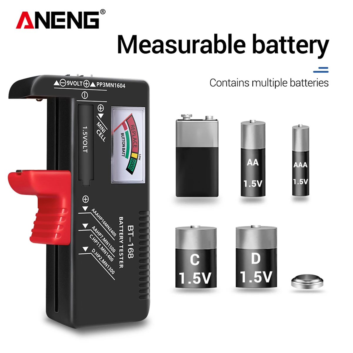 BT-168 AA/AAA/C/D/9V/1.5V batteries Universal Button Cell Battery Colour Coded Meter Indicate Volt Tester Checker BT168 Power
BT-168 AA/AAA/C/D/9V/1.5V batteries Universal Button Cell Battery Colour Coded Meter Indicate Volt Tester Checker BT168 Power