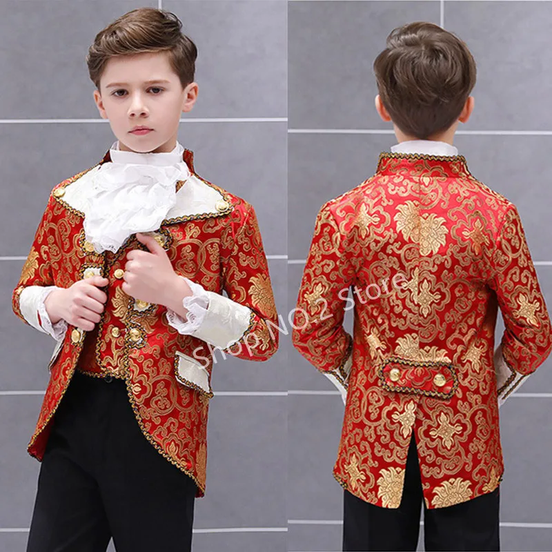 Boys Retro European Court Clothing Set Child Prince Charming Drama Show Dress Suit Kids Blazer Vest Pants Collar Flower Outfit
Boys Retro European Court Clothing Set Child Prince Charming Drama Show Dress Suit Kids Blazer Vest Pants Collar Flower Outfit
