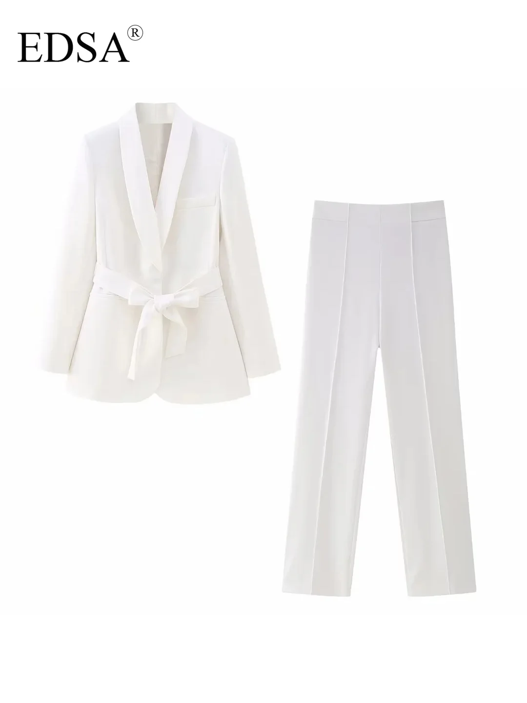 EDSA Women Elegant White Shawl Collar Blazer with Belt & High-waist Regular Trousers 2 PCS for Office Lady Pants Suits Set
EDSA Women Elegant White Shawl Collar Blazer with Belt & High-waist Regular Trousers 2 PCS for Office Lady Pants Suits Set