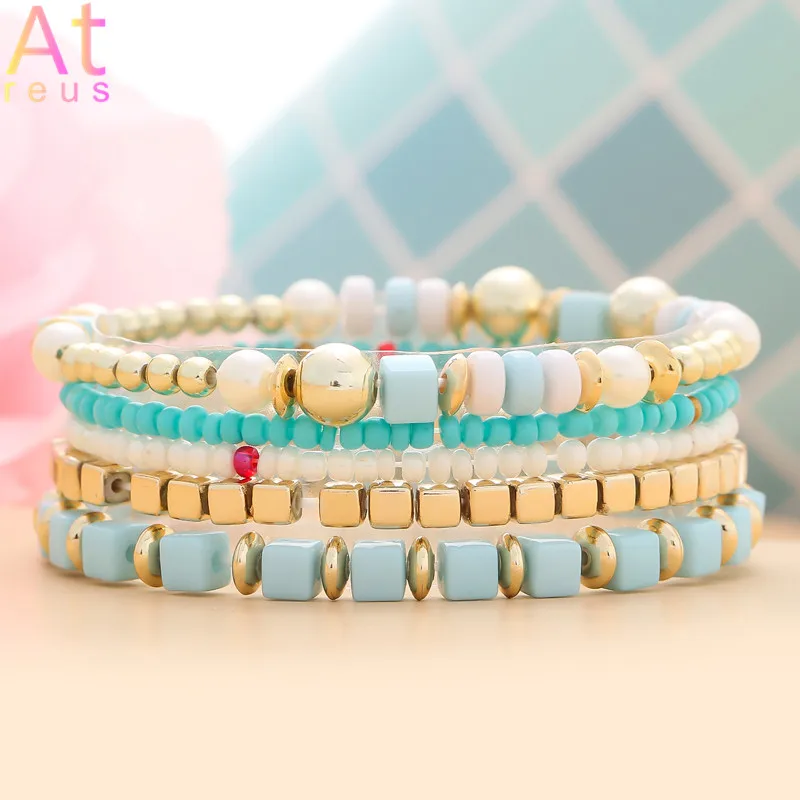 

5pcs/set Skyblue Square Stone Bracelet Set for Women Multilayer White Blue Seed Beads Strand Bracelet Gold Color Round Spacer