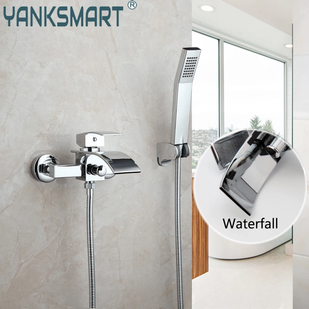 

YANKSMART Luxury Chrome Polished Bathroom Bath Faucet Wall Mounted Bathtub Faucets Waterfall Spout With Handle Shower Head Set