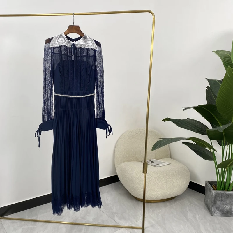 Autumn New 2021 Navy Blue Lace Bow Hollow Out Women Chiffon Elegant A-Line Ankle-Length Dresses with Sashes
Autumn New 2021 Navy Blue Lace Bow Hollow Out Women Chiffon Elegant A-Line Ankle-Length Dresses with Sashes