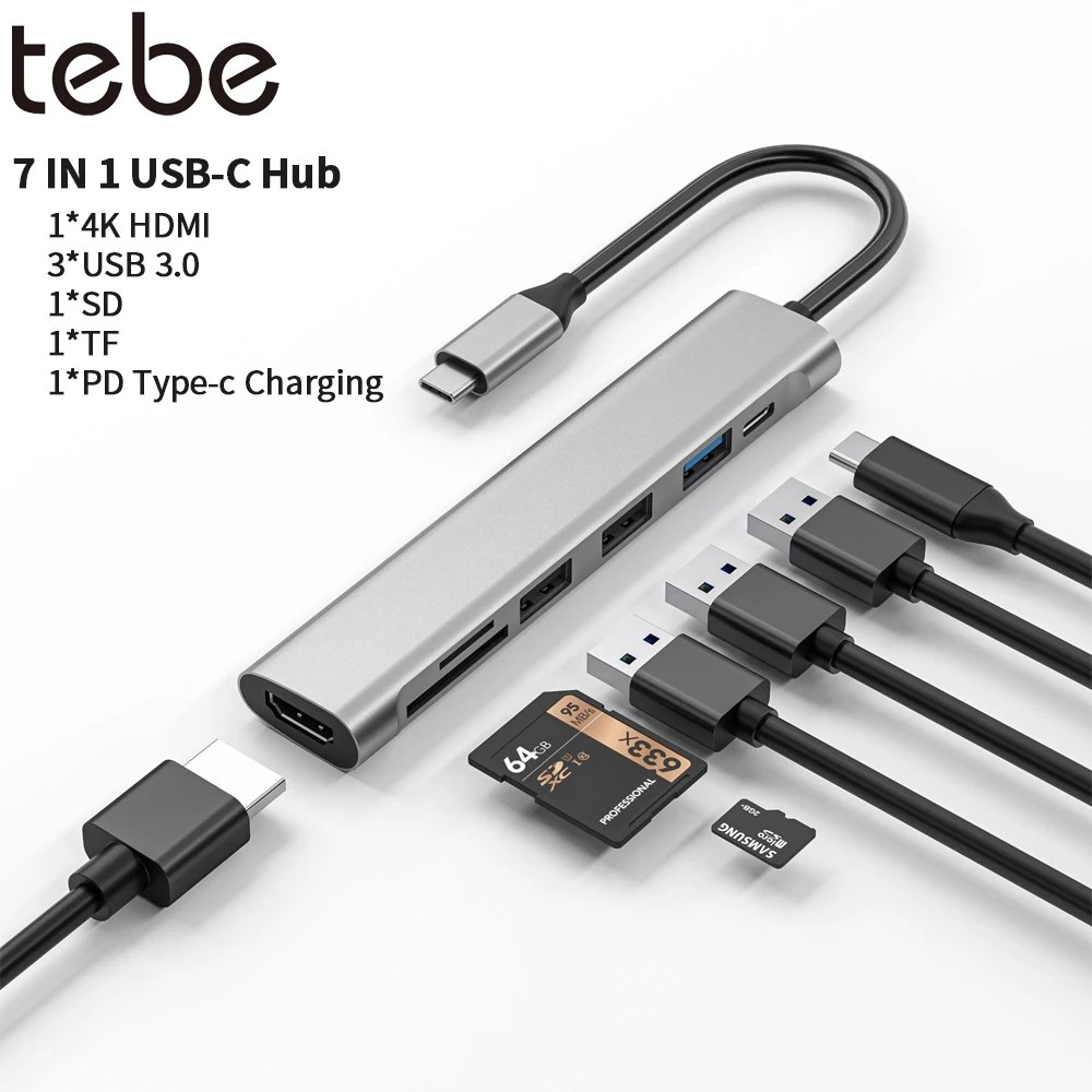Tebe USB-C Hub Adapter Type-c to 4K 30hz HDMI-compatible Mulit USB 3.0 SD/TF Card Reader PD Fast Charger for Macbook Air/Pro
Tebe USB-C Hub Adapter Type-c to 4K 30hz HDMI-compatible Mulit USB 3.0 SD/TF Card Reader PD Fast Charger for Macbook Air/Pro