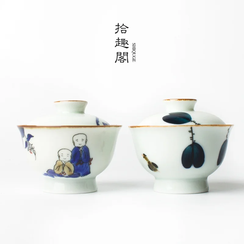 

White Porcelain Hand Drawn Tureen Jingdezhen Ceramic Kung Fu Tea Set Tea Making Device Gaiwan Tureen Large Hand-Held Teapot