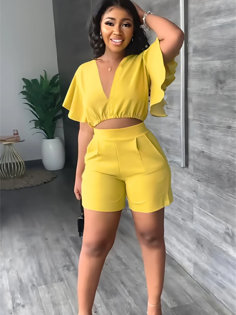 Two Piece Shorts Set Women Tracksuit Summer Clothes Casual Ruffled Sleeve V Neck Top and Shorts Suits Female 2 Piece Set Outfits
Two Piece Shorts Set Women Tracksuit Summer Clothes Casual Ruffled Sleeve V Neck Top and Shorts Suits Female 2 Piece Set Outfits