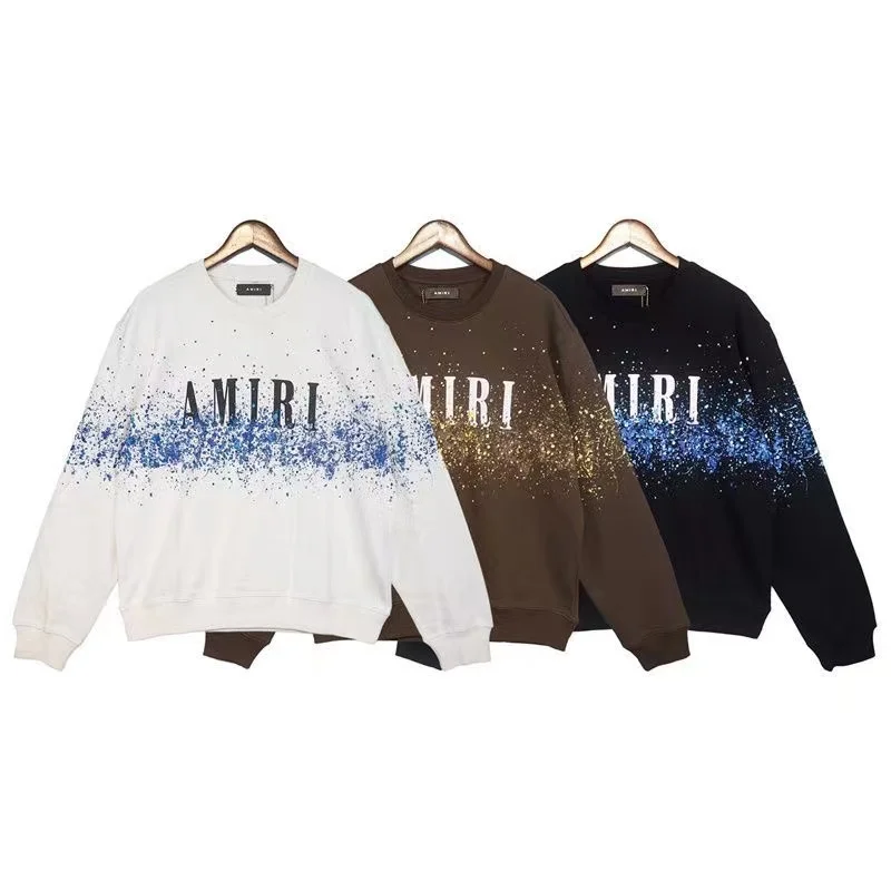 

AM 2022 New Sweater Cotton Speckled Ink Long Sleeve Letter Printing Black Loose Sweater Fashion 360g Terry