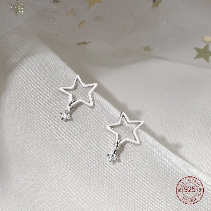 

925 Sterling Silver Hollow Out Stars Stud Earrings for Women Pentagram Delicate Lovely Earring Piercing Jewelry Gift