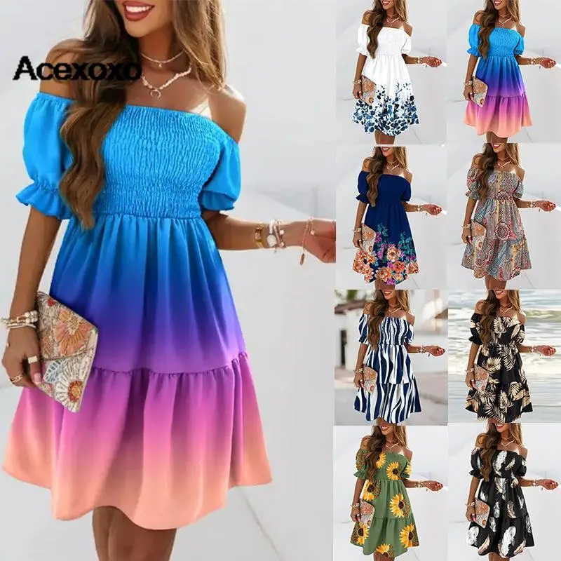 2023 new spring and summer short-sleeved women's one-line collar waist fold printed European and American style dress
2023 new spring and summer short-sleeved women's one-line collar waist fold printed European and American style dress