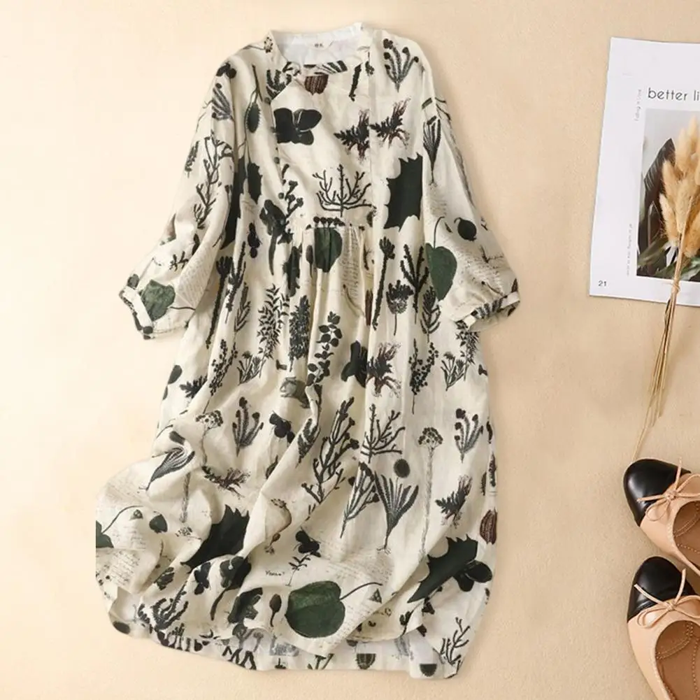 Women Dress O-Neck Half Sleeve Disc Button Placket Side Pockets Vintage Plant Printing Loose Pullover Midi Dress Female Clothing
Women Dress O-Neck Half Sleeve Disc Button Placket Side Pockets Vintage Plant Printing Loose Pullover Midi Dress Female Clothing