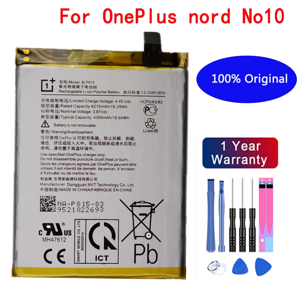 New 100% Oneplus Original Replacement Battery 4300mAh BLP815 For OPPO Oneplus Nord N10 5G Cell Phone Battery With Free Tools
New 100% Oneplus Original Replacement Battery 4300mAh BLP815 For OPPO Oneplus Nord N10 5G Cell Phone Battery With Free Tools