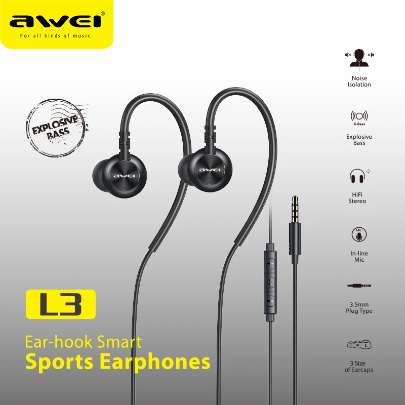 

Awei Brands 3.5mm Stereo In-Ear Headphones Sport Music Earbud Handfree Wired Headset Earphones with Mic for Xiaomi Huawei Iphone