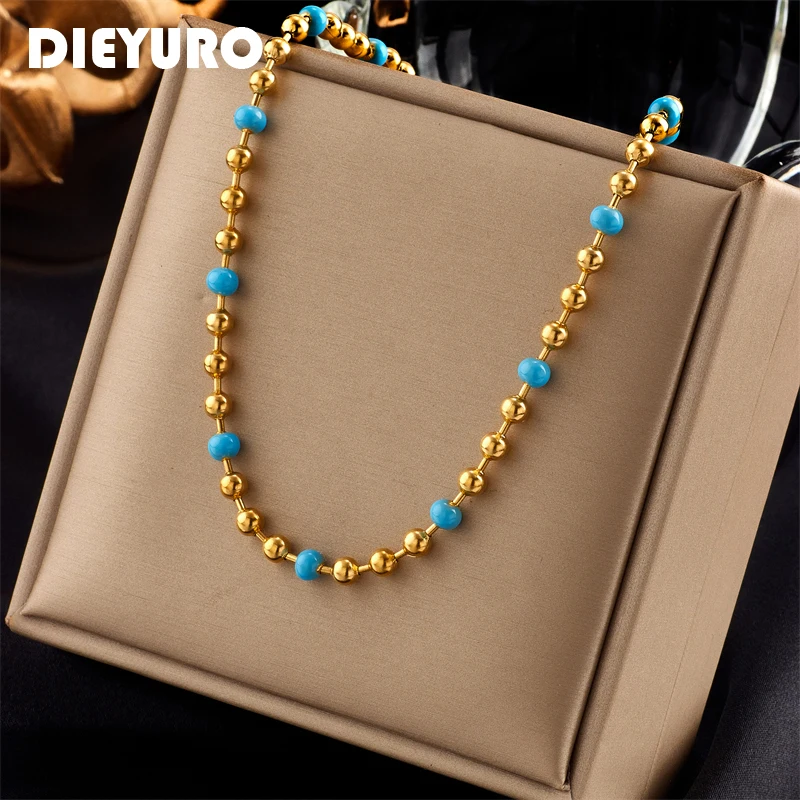 

Ожерелье DIEYURO из нержавеющей стали 316L с голубыми бусинами золотого цвета для женщин, Новый Винтажный чокер для девушек, цепочка, модные ювел...