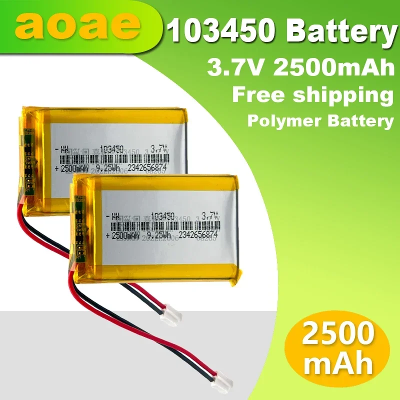 103450 3.7V 2500mAh Polymer Lithium Rechargeable Battery for Camera GPS Navigator MP5 Bluetooth Headset+jst PH 2.0mm 2pin plug
103450 3.7V 2500mAh Polymer Lithium Rechargeable Battery for Camera GPS Navigator MP5 Bluetooth Headset+jst PH 2.0mm 2pin plug