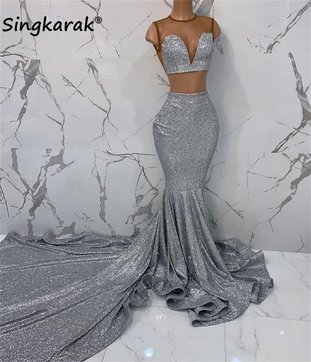 Two Pieces Silver Sexy Mermaid Prom Dresses 2022 Sheer Neck Birthday Party Gowns Evening Dress Robe De Bal
Two Pieces Silver Sexy Mermaid Prom Dresses 2022 Sheer Neck Birthday Party Gowns Evening Dress Robe De Bal