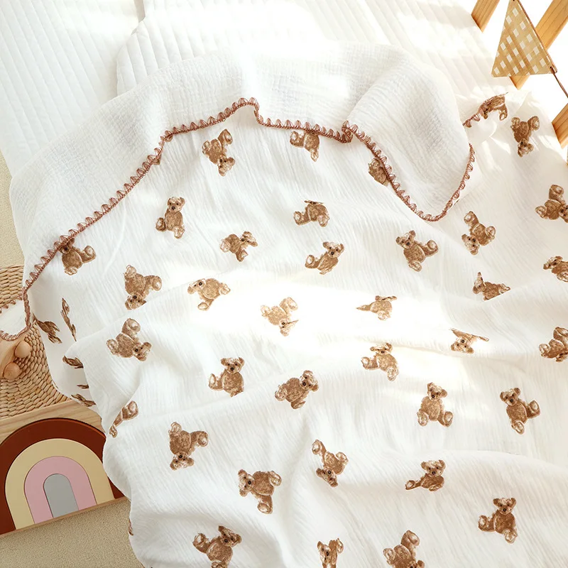 

Baby Blanket Muslin Swaddle Wrap 4 Layers Cotton Cartoon Bear Print Receiving Blanket Infants Newborn Sleep Sack Quilt Bed Cover