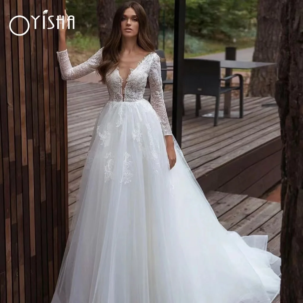 OYISHA Elegant V-Neck Wedding Dresses 2023 A-Line Long Sleeves Lace Appliques Sweep Train Bridal Gown Illusion Back With Button
OYISHA Elegant V-Neck Wedding Dresses 2023 A-Line Long Sleeves Lace Appliques Sweep Train Bridal Gown Illusion Back With Button