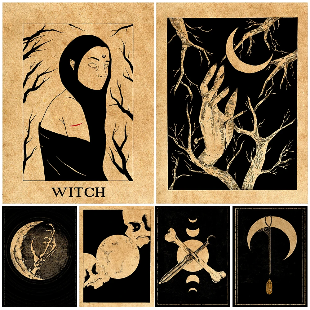 

Lunar Witch Vintage Wall Art Abstract Dark Witchcraft Art Poster And Prints Home Decor Wicca Element Canvas Painting Unframed