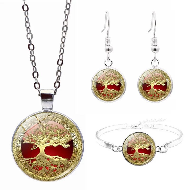 

LE Celtic Golden Tree Of Life Glass Necklace Stud Earrings Bracelet Bangle Set 4Pcs Women's Jewelry Creative Gift