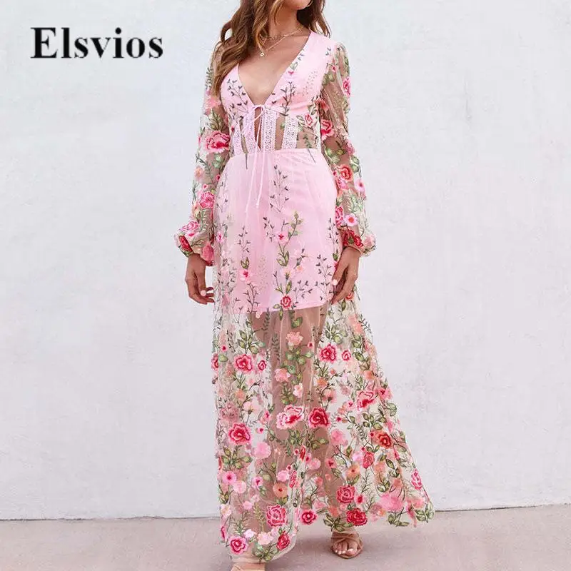 

Новое повседневное модное женское приталенное розовое платье, привлекательное длинное платье из прозрачной сетки, женское элегантное кружевное платье с V-образным вырезом и цветочной вышивкой