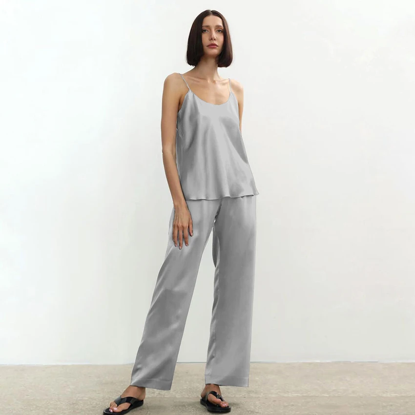 

Hiloc Backless Sexy Satin Pajamas For Women Sets With Pants 2022 Spring Trouser Suits Grey Spaghetti Strap Homewear Black Pajama