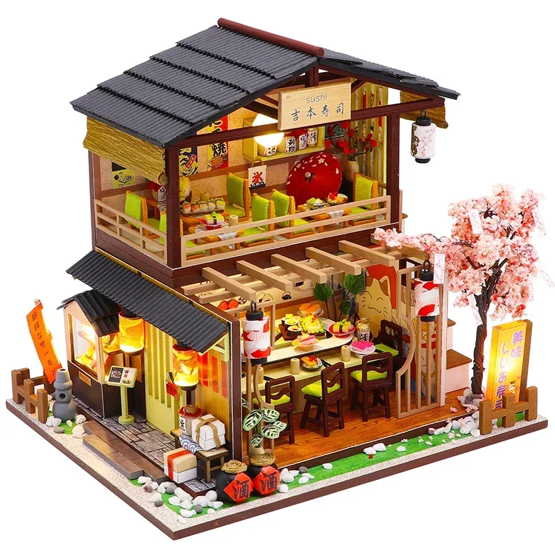 

Creativity Japanese Sushi Bar Restaurant Wooden DIY Model Miniature Building 3D Wooden Dollhouse Toy Furniture Kids Toys Gifts