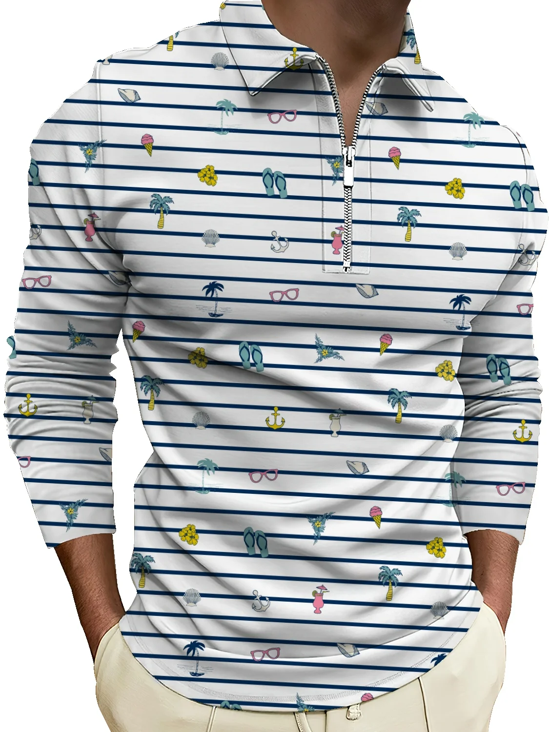 Мужская рубашка с длинным рукавом и цветочным принтом, на молнии 
Мужская рубашка с длинным рукавом и цветочным принтом, на молнии