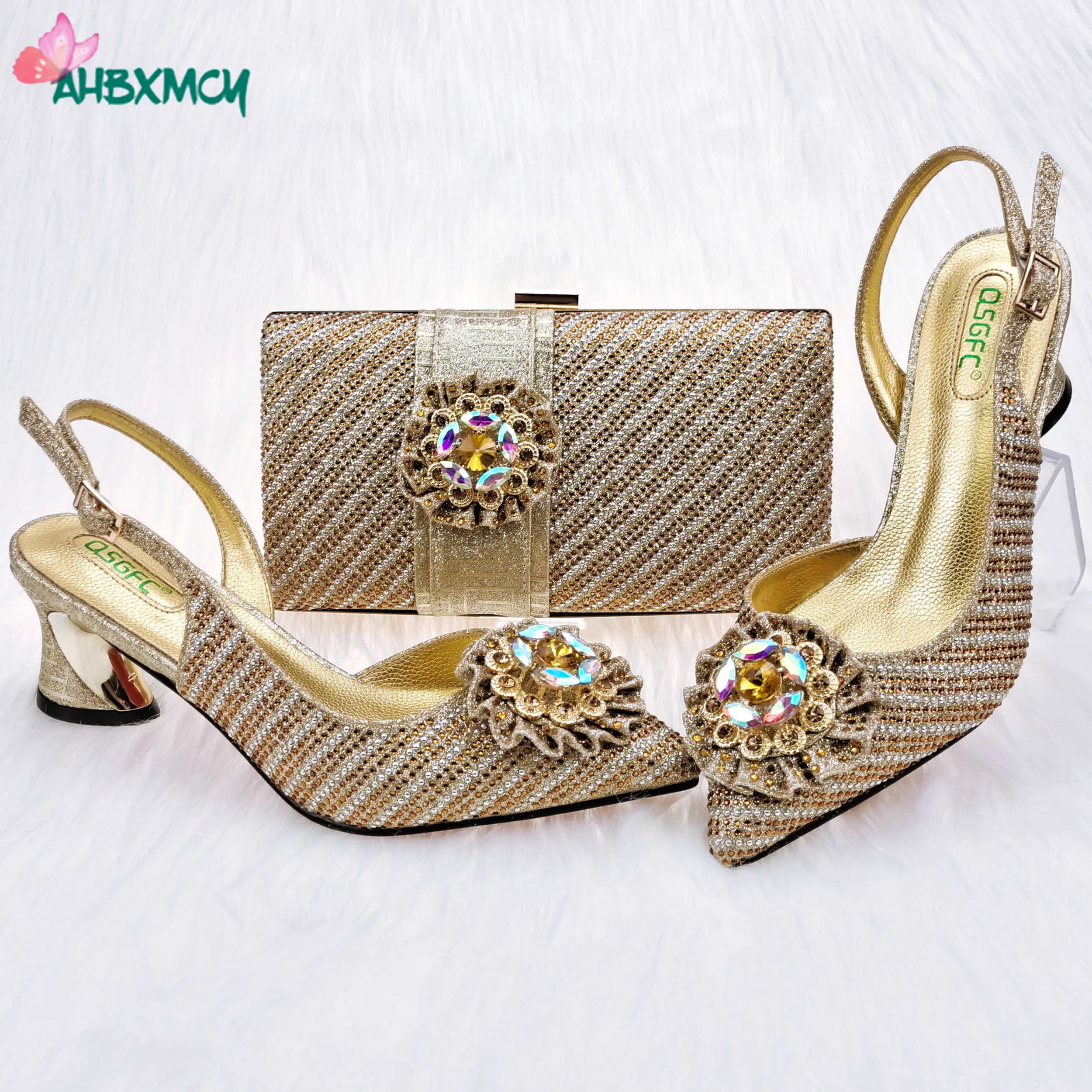 Golden Color High Quality Slingbacks High Heels with Shinning Crystal Sexy Women Shoes and Bag to Match for Wedding Party
Golden Color High Quality Slingbacks High Heels with Shinning Crystal Sexy Women Shoes and Bag to Match for Wedding Party