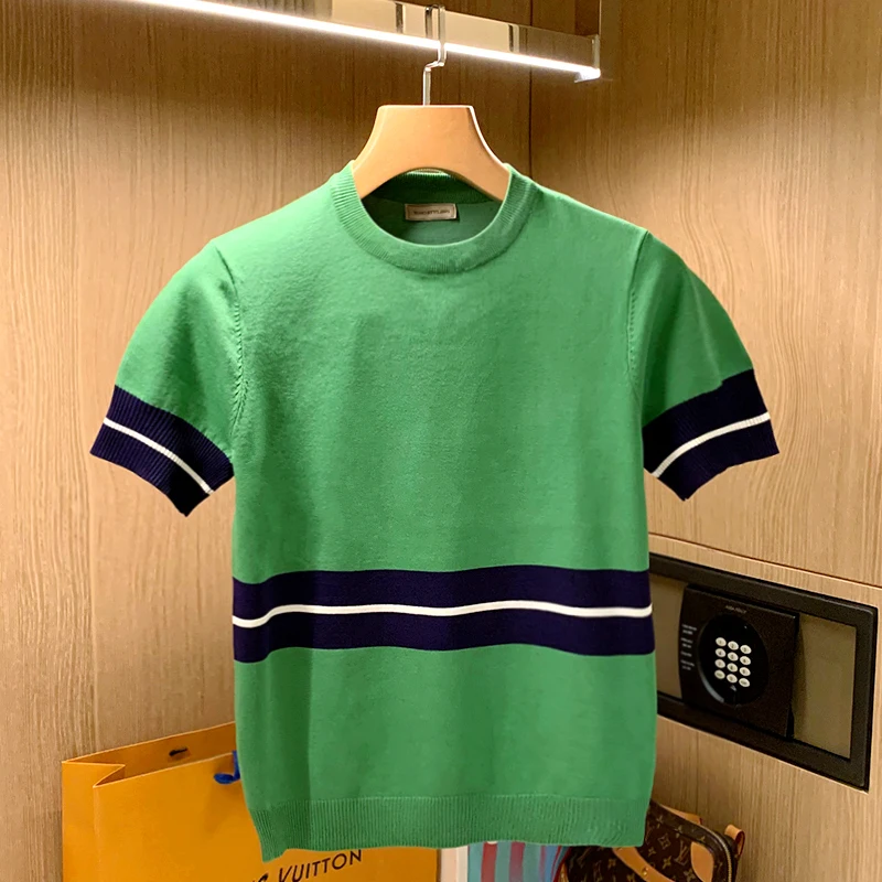 Men 2022 Summer New Slim Fit Knitted T Shirts Men Short Sleeve Contrast Color Striped Tops Male O-Neck Tee Shirt Homme O986
Men 2022 Summer New Slim Fit Knitted T Shirts Men Short Sleeve Contrast Color Striped Tops Male O-Neck Tee Shirt Homme O986