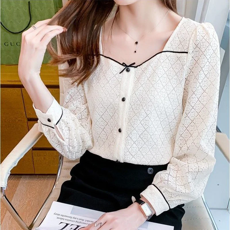 Spring Autumn Square Collar Elegant Fashion Lace Shirt Women Long Sleeve All-match Tops Ladies Bow Hollow Out Cardigan Blouse
Spring Autumn Square Collar Elegant Fashion Lace Shirt Women Long Sleeve All-match Tops Ladies Bow Hollow Out Cardigan Blouse