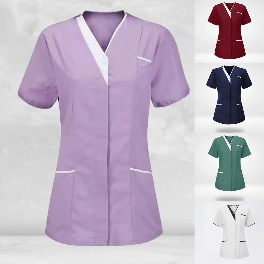

Hospital Nursing Uniform Women Scrubs Tops Solid Color Short Sleeve Carer Nurse Working Medical Uniforms Blouse Pullovers Female
