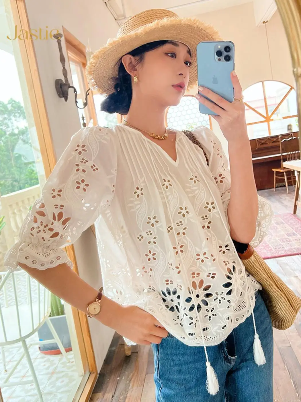 Jastie Hollow Out Embroidery Shirts Blouses Women Tassel V-Neck Half Sleeve French White Shirt 2023 Spring Summer Shirt Tops
Jastie Hollow Out Embroidery Shirts Blouses Women Tassel V-Neck Half Sleeve French White Shirt 2023 Spring Summer Shirt Tops