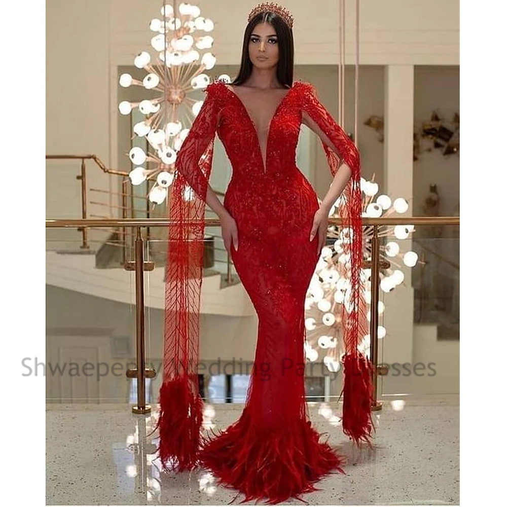 Sexy Arabic Lace Mermaid Evening Dresses Feathers Long Sleeves Caped Sheer V-Neck Formal Party Gown Floor Length Red Prom Outfit
Sexy Arabic Lace Mermaid Evening Dresses Feathers Long Sleeves Caped Sheer V-Neck Formal Party Gown Floor Length Red Prom Outfit